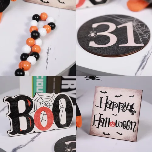 Vista 6 de Ochine Decoración de bandeja escalonada de Halloween, decoraciones de Halloween, letreros de madera de Feliz Halloween, lindos gnomos de felpa