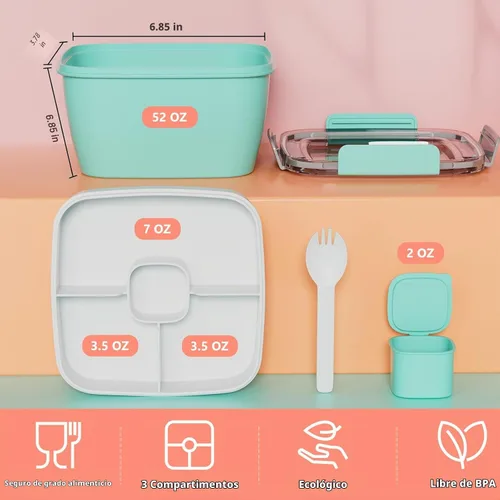 Vista 7 de Cherrysea Lonchera para ensalada, paquete de 2 tazones con 3 compartimentos, a prueba de fugas con tenedor y contenedor de salsa - Verde+Rosa