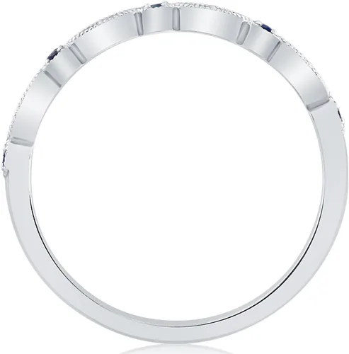 Vista 2 de Anillo de boda de diamantes y zafiro azul de 15 quilates con banda apilable de oro blanco de 10 quilates