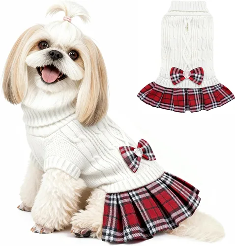 Vista 19 de YUDODO Small Dog Sweater Dress with Bowtie Turtleneck - Knitted Pet Clothes Dusty Pink