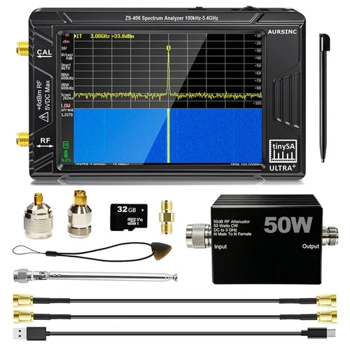 Vista 11 de AURSINC Analizador de espectro TinySA Ultra+ ZS406, 4.0 pulgadas, 100 kHz-5.4 GHz, analizador de frecuencia portátil con tarjeta de 32 GB, HW