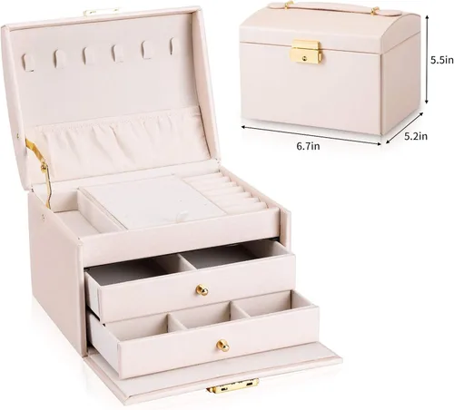 Vista 5 de DEZZIE Joyero para mujer piel sintética para personas mayores caja de almacenamiento de joyas de tamaño mediano de 3 capas con cerradura Estuche