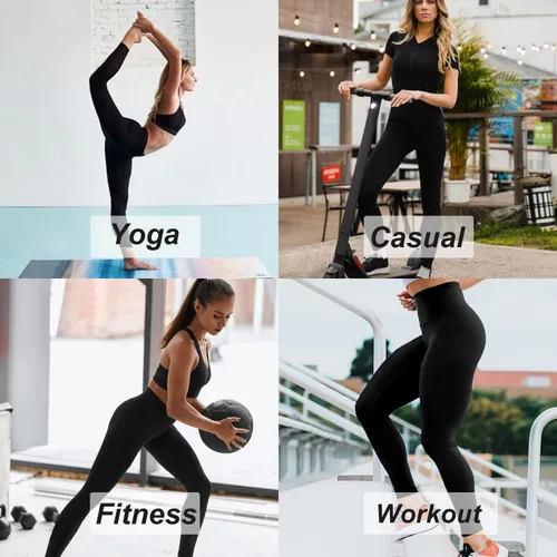 Vista 3 de HLTPRO Paquete de 3 leggings con bolsillos para mujer, pantalones de yoga suaves con control de abdomen y cintura alta, color negro capri