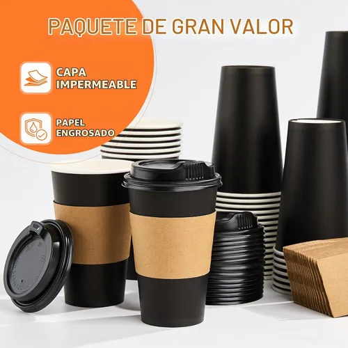 Vista 6 de METAPRINT - Paquete de 100 tazas de café desechables de 16 onzas con tapas Negro