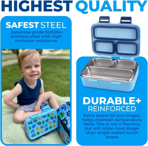 Vista 4 de Lonchera de acero inoxidable para bebés y niños, mini Bento, 3 secciones de porciones de metal ecológico, tapa a prueba de fugas, almuerzos
