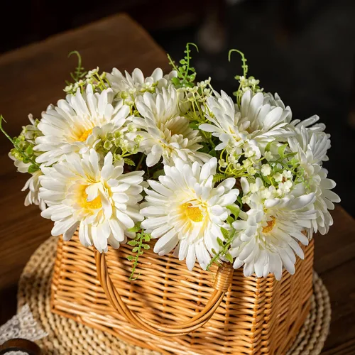 Vista 3 de TOPIA Ramo de margaritas de gerberas artificiales de seda blanca, 10 tallos que combinan con flores silvestres