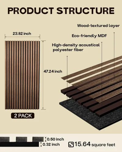 Vista 4 de Paneles acústicos de pared con listones de madera, 2 paneles de amortiguación de sonido de 47.24 x 23.82 pulgadas con acabado de madera natural