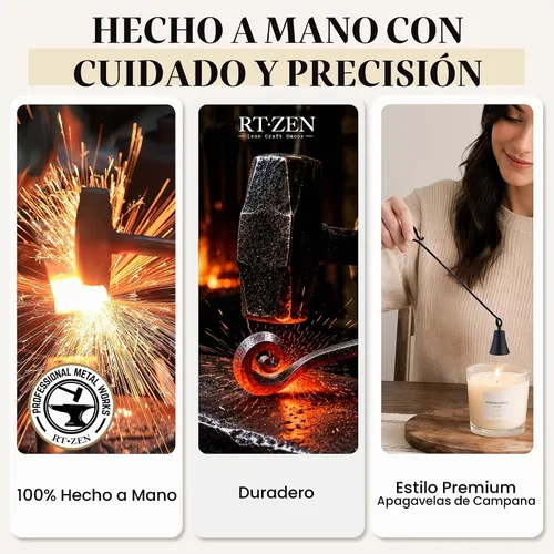 Vista 9 de RTZEN Campana de velas rústica con campana - Apagador de velas de hierro forjado decorativo hecho a mano con mango largo - Accesorios únicos