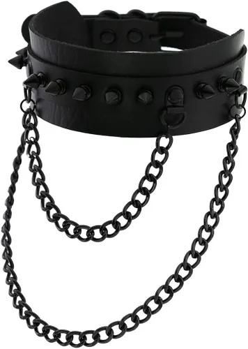 Vista 3 de FM FM42 Unisex Multicolor Simulated Leather PU Black-Tone Rivets Spike Spiked 2 Layer Chains Choker Collar Necklace