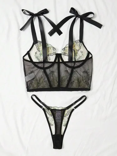 Vista 2 de SOLY HUX Conjunto de lencería de 2 piezas con brasier y braga de malla con bordado de mariposa para mujer