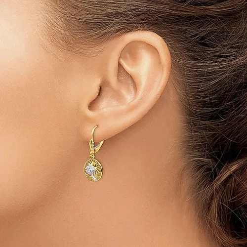 Vista 3 de Aretes de oro amarillo de 14 quilates con cierre de palanca de palmera, colgantes para exteriores, naturaleza, viajes, joyería fina para mujeres