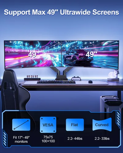 Vista 4 de MOUNT PRO Soporte de monitor dual para pantallas ultraanchas de hasta 44 libras de máximo 49 pulgadas, brazo de monitor resistente para 2 monitores