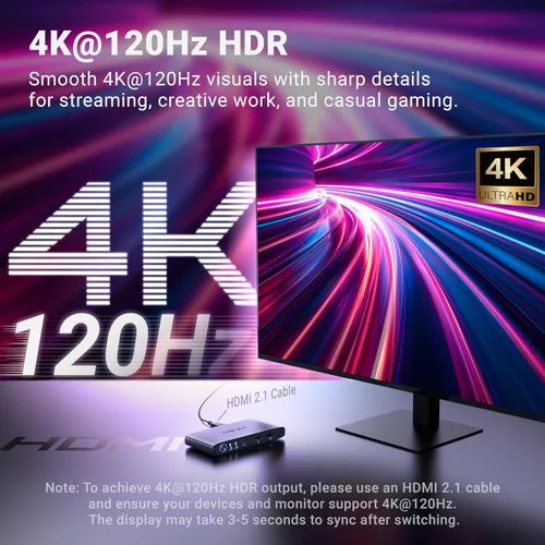 Vista 6 de MINIX KVM KVM USB C K1 1 Monitores 2 Computadoras, 4K @120Hz HDR, 100W PD 3.0, Conmutadores KVM de entrada dual USB-C, teclado y mouse compartidos