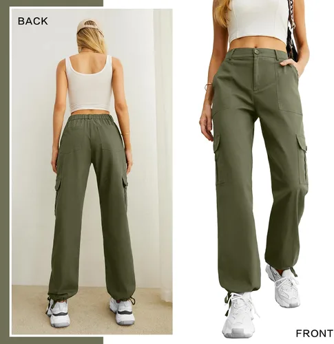 Vista 5 de Lepunuo Pantalones cargo de cintura alta para mujer, pantalones de viaje Y2K Streetwear holgados elásticos con 6 bolsillos con cordón en los tobillos