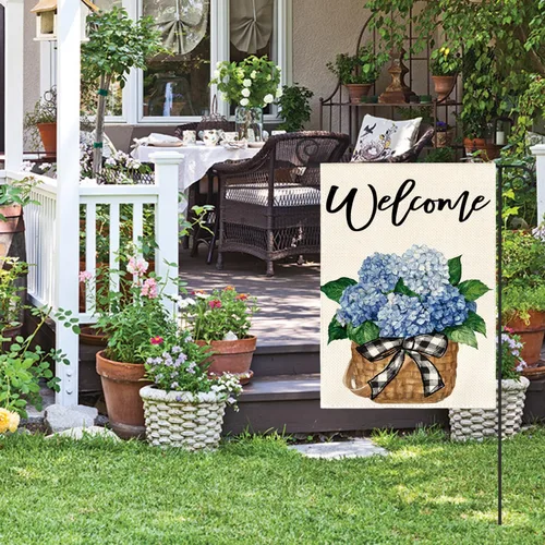 Vista 4 de AVOIN colorlife Bandera de jardín de primavera y verano de hortensias de 12 x 18 pulgadas, doble cara exterior, bandera floral de bienvenida