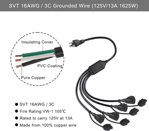 Vista 2 de Cable divisor de alimentación de 4 tomas, adaptador de enchufe múltiple de 3 clavijas de 1 a 4 vías, macho a hembra, cable de extensión estilo Y