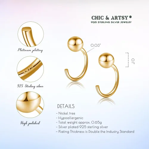 Vista 5 de CHIC & ARTSY Aretes de aro de plata de ley 925, pequeños aretes de aro de bola, barra, estrella, luna, corazón, cruz, punto, triángulo, medio aro