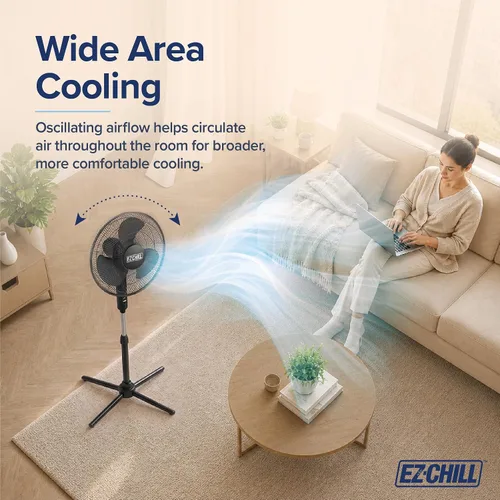 Vista 4 de EZ-Chill Ventilador de pie oscilante de 16 pulgadas, opciones de 3 velocidades, cabezal oscilante de 90 grados, altura y inclinación ajustables
