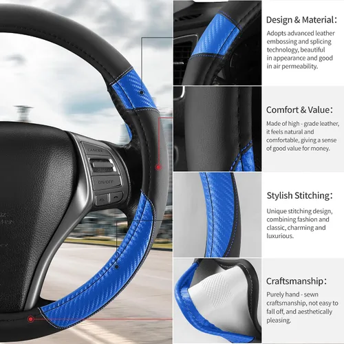 Vista 7 de Funda antideslizante de piel de napa para volante de automóvil, accesorios universales para automóvil para mujeres y hombres, apto para SUV de 14