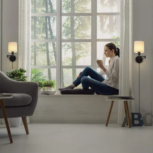 Vista 4 de CADUKE Juego de 2 apliques de pared enchufables, lámparas de pared con brazo oscilante Moderno, Accesorios de iluminación de pared para Lino