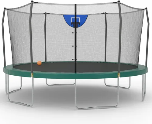 Vista 15 de Skywalker Trampolines Cama elástica al aire libre de 8 pies, 12 pies, 15 pies Jump N’ Dunk redonda con red, colchón de trampoline y aro de Azul