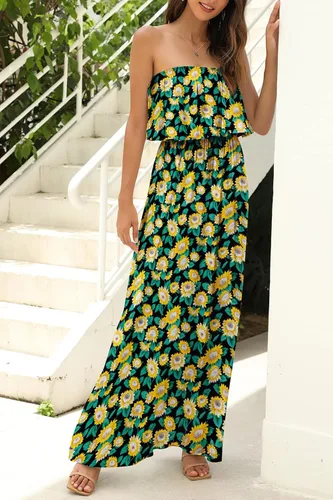 Vista 4 de ZMPSIISA - Vestido largo de verano con hombros descubiertos para mujer vestido largo sin tirantes, con volantes, color azul y blanco estilo bohemio