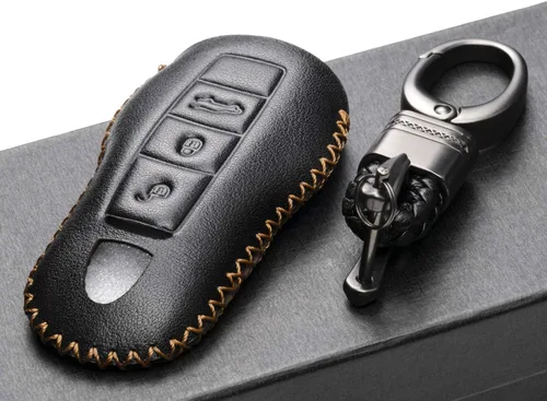Vista 5 de Vitodeco Funda de piel auténtica con control remoto sin llave compatible con Porsche Panamera, Macan, Cayenne, 911 (3 botones, negro)