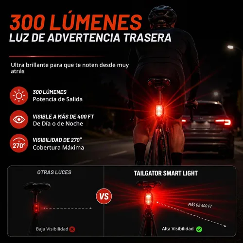 Vista 4 de Rechargeable Smart Bike Tail Light Water Resistant, 300 Lumen Brake Light
