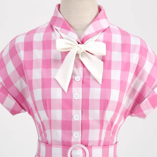 Vista 4 de AWIBMK Vestido de cuadros rosa vintage para mujer, de los años 50, 50, a cuadros, Halloween, cosplay, cintura imperio, vestidos de té
