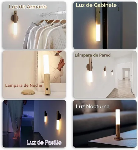 Vista 6 de Apliques de pared, luz nocturna inteligente con sensor portátil, luz nocturna magnética recargable por USB de madera para dormitorio, pasillo