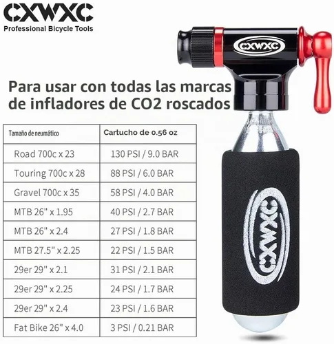 Vista 5 de Kit de inflador de CO2 con 6 cartuchos de CO2 de 0.56 oz/0.88 oz - Compatible con válvulas Presta y Schrader - Bomba de bicicleta de CO2 para 4 x