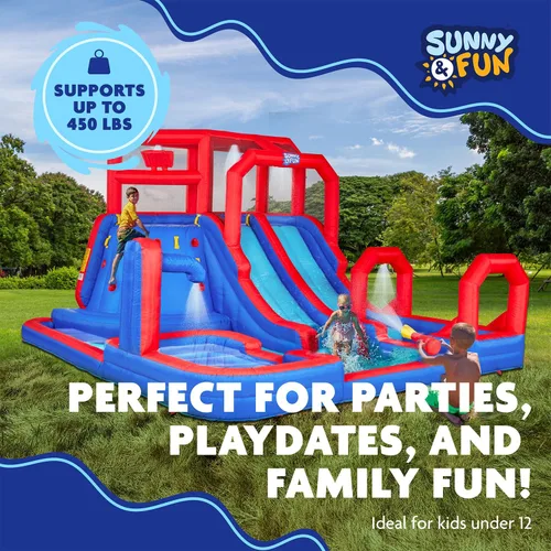 Vista 4 de SUNNY & FUN Mega Climb N' Go - Parque acuático inflable con dos toboganes Heavy-Duty Oxford Blow-Up Water Park for Kids Backyard with Deep Splash