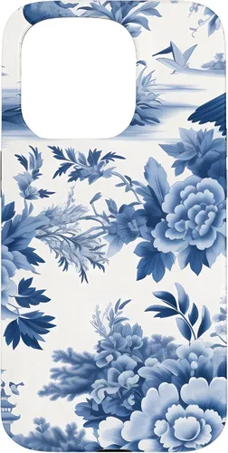 Vista 14 de iPhone 16 White and blue Chinoiserie Botanical Floral Bird Classic Case