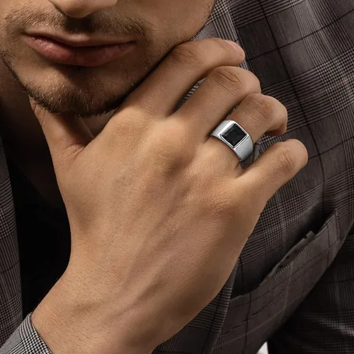 Vista 2 de U7 Anillo de joyería de moda de ónix negroazul para hombres y mujeres, anillos de sello cuadrado de acero inoxidable para papá y padre, anillos