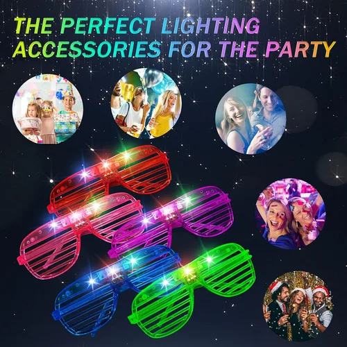 Vista 5 de Paquete de 60 lentes LED de 5 colores iluminados, suministros de fiesta que brillan en la oscuridad, persianas de obturador, lentes de sol de neón