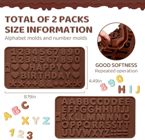 Vista 7 de 2 moldes de silicona para chocolate, moldes de letras de números, moldes reutilizables para dulces con símbolos de decoración de feliz cumpleaños