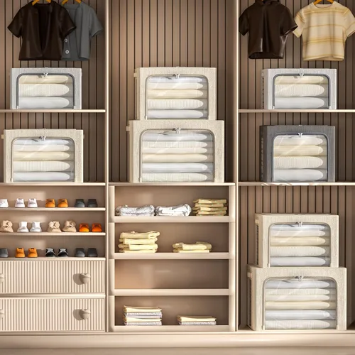 Vista 7 de Paquete de 4 contenedores de almacenamiento de ropa con marco de metal, juego organizador plegable de tela de lino con ventana transparente, asas