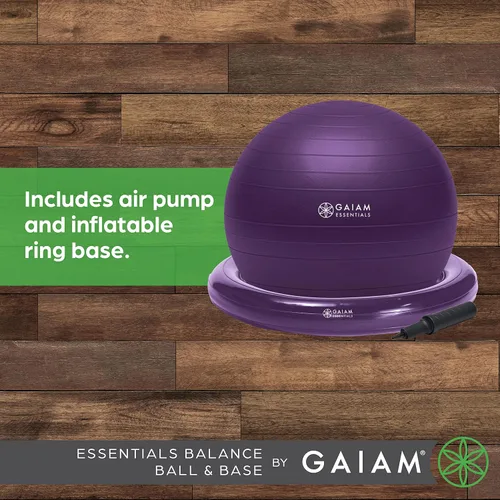 Vista 5 de Kit de pelota de equilibrio y base Gaiam Essentials, silla de pelota de yoga de 65 cm, pelota de ejercicio con base de anillo inflable