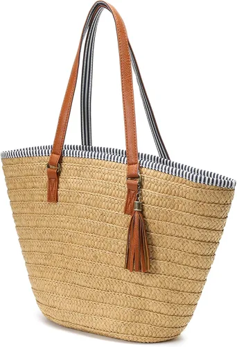 Vista 2 de Epsion Bolsos de playa de paja con borlas para el verano, bolso de hombro tejido a mano con pompones