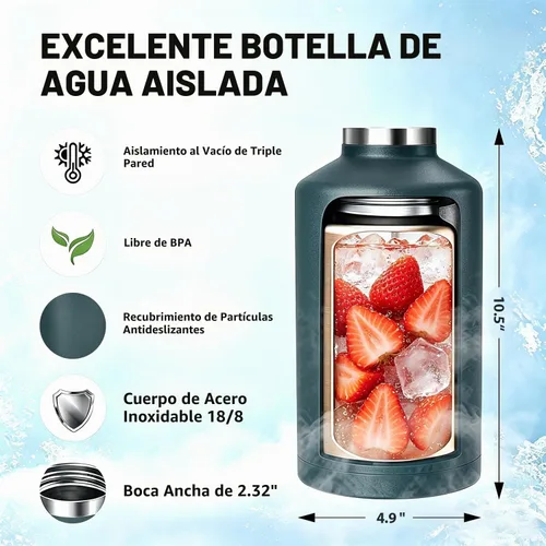 Vista 2 de Botella de agua aislada de acero inoxidable de 64 onzas con tapa de popote Verde militar