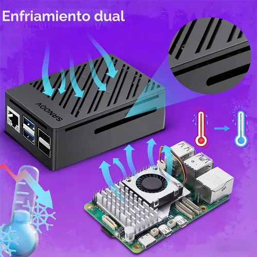 Vista 6 de Kit Básico SANOOV para Raspberry Pi 5 4GB RAM con Enfriador Activo, Placa Única Rpi 5 4GB y Estuche ABS Incluido