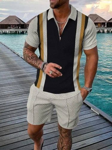 Vista 2 de Conjunto de pantalones cortos para hombre, conjunto de 2 piezas, chándal de verano, manga corta, polo y pantalones cortos, conjunto deportivo casual