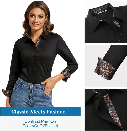Vista 3 de WARHORSEE Blusas de vestir de manga larga con botones de algodón para mujer, blusas de trabajo elegantes de fácil cuidado, blusas casuales