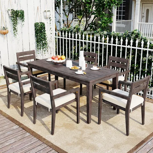 Vista 13 de RUNNA Juego de mesa de comedor de 6 piezas, juegos de muebles de exterior con agujero para paraguas, mesa rectangular de 71 pulgadas, sillas y banco