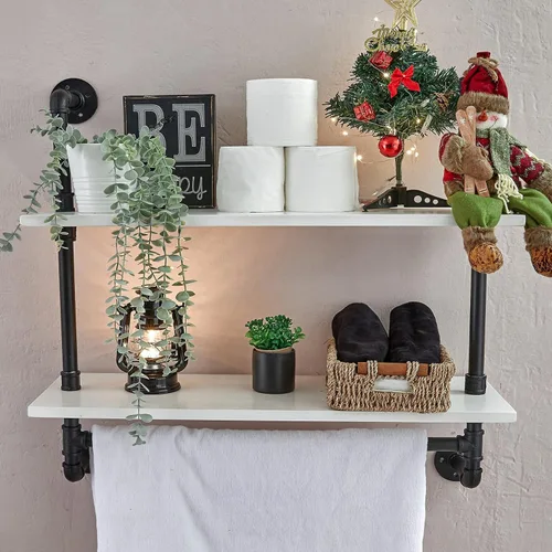 Vista 13 de ROGMARS - Estantería industrial de tuberías para baño, estantes flotantes negros de 24 pulgadas para baño con toallero y ganchos, estantes montados