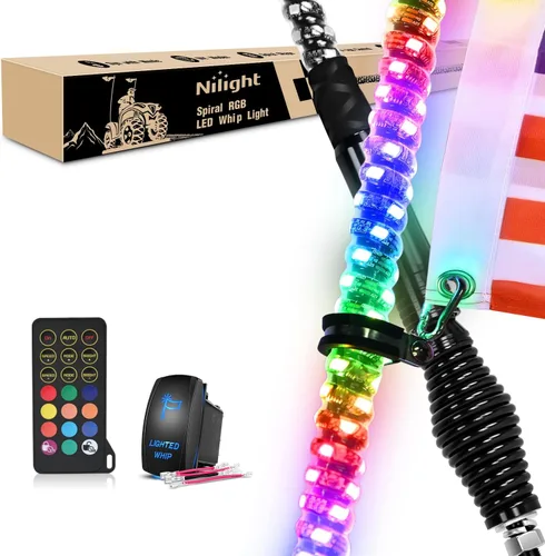 Vista 12 de Nilight Luz LED para látigo, 1 antena COB RGB de 2 pies con base de resorte, aplicación Bluetooth y control remoto, patrones de persecución