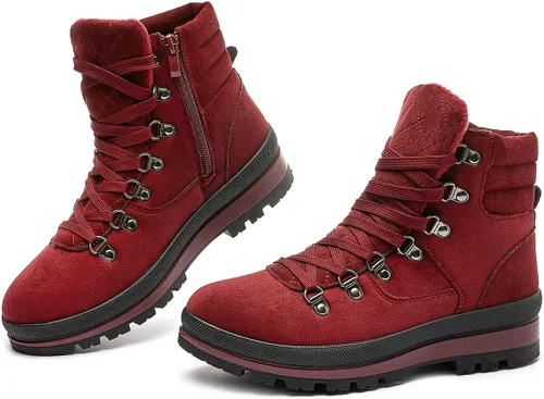 Vista 7 de FRACORA Botas de combate para mujer, con cordones, botas de nieve, botas de invierno con cremallera lateral, botines de moda Negro