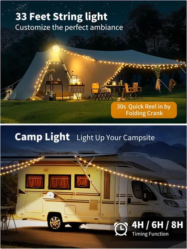 Vista 3 de Cadena de luces retráctiles mejoradas para acampar al aire libre, cadena de luces de campamento de 33 pies con broche, cadena de luz recargable, 9