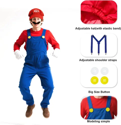 Vista 5 de Juego de 4 disfraces de Halloween de Super Bros para adultos, accesorios de sombreros de Super Bros Mary Luigi, gorras, bigotes, tirantes, guantes