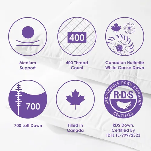 Vista 6 de Canadian Down & Feather Co. - 1 paquete de almohada de plumón de ganso canadiense de soporte medio, tamaño estándar, carcasa de 400 hilos, 100%